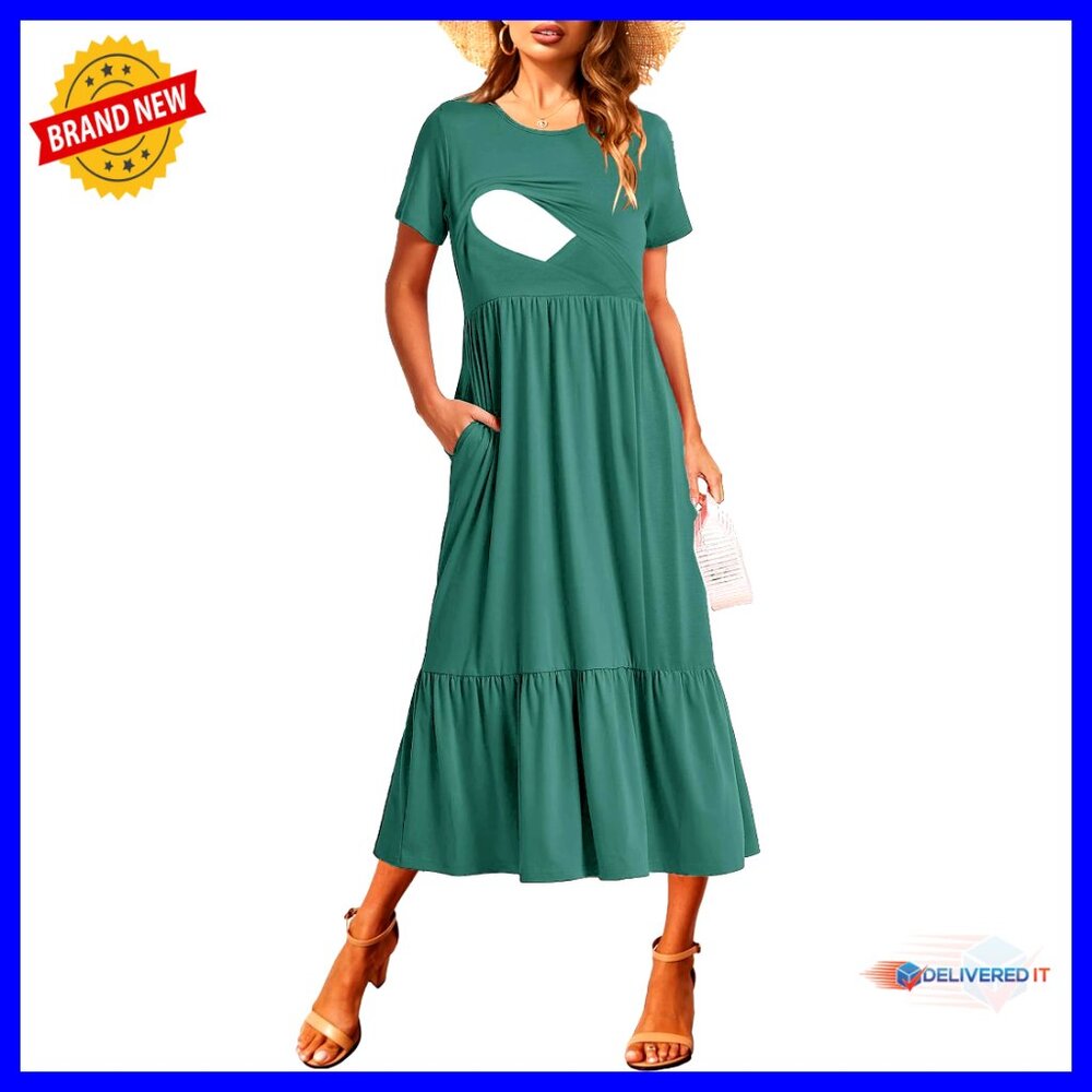 Maternity Nursing Maxi Dress With Pockets, Flowy Tiered A-Line